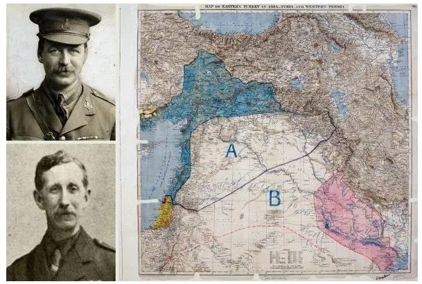 Sykes y Picot, junto al mapa de Oriente Próximo en el que se repartían las áreas de influencia. Al norte, la zona azul y la actual Siria, quedaban bajo influencia francesa; al Sur, la zona rosa y el Área B (Jordania, Irak y Kuwait), recaían en la esfera británica. Originalmente se acordó que Palestina (en amarillo) quedase bajo control internacional, aunque pronto la zona quedó también bajo el dominio inglés.