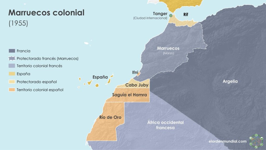 A mediados del siglo XX, España tenía establecido un protectorado sobre el norte (Rif) y el sur de Marruecos (Cabo Juby), además del enclave costero de Ifni. El resto de Marruecos estaba bajo control francés. España también ocupaba el Sáhara Occidental. 